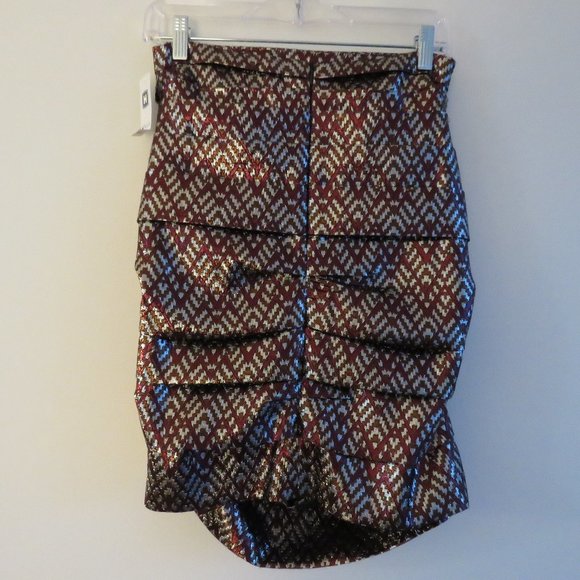 BIRGITTE HERSKIND Silver Red Metallic Brocade Ruched April Skirt - Size US 6 - Picture 11 of 15
